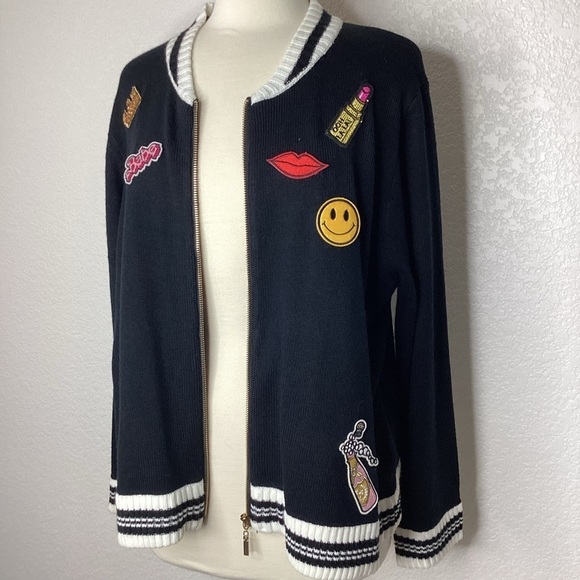 ASHLEY STEWART PLUS SIZE 22 24 TOP BLACK PATCH EMBROIDERED SWEATER CARDIGAN‎ - Picture 2 of 12
